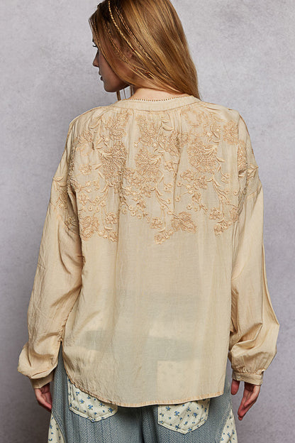 POL Stickerei Button Down Langarm Damenbluse