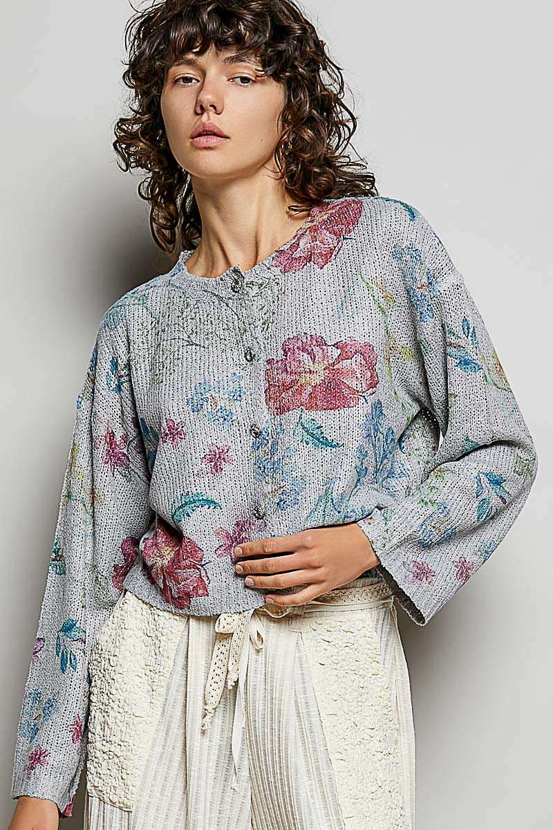 POL Floral Print Button-Down Strick Damen Cardigan