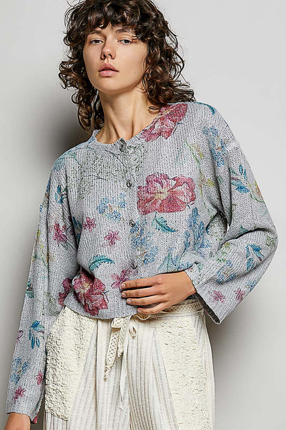 POL Floral Print Button-Down Strick Damen Cardigan