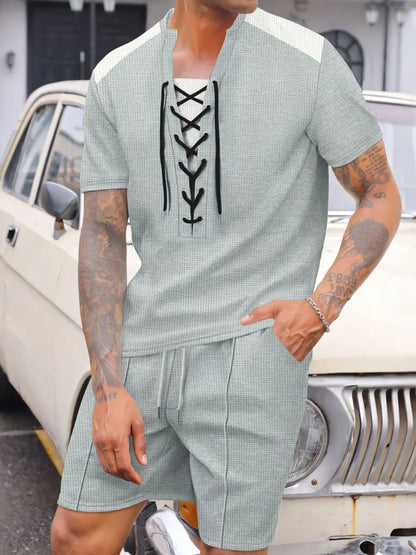 Herren Vollgröße Schnür-Waffle-Strick-Oberteil und Shorts Set Übergröße