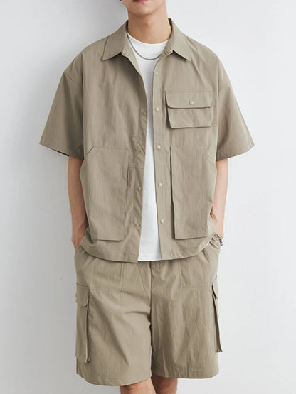 Herren Plus Size Kurzarmhemd mit Knopfleiste und Shorts Set