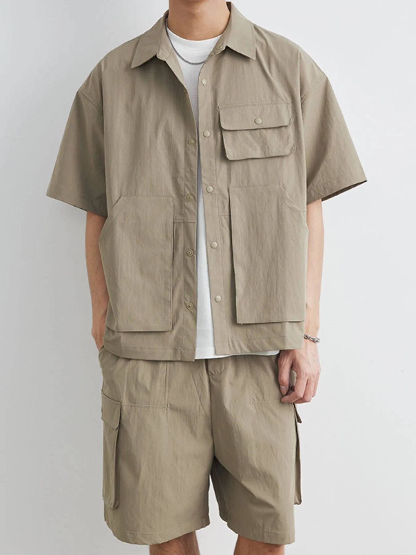 Herren Plus Size Kurzarmhemd mit Knopfleiste und Shorts Set