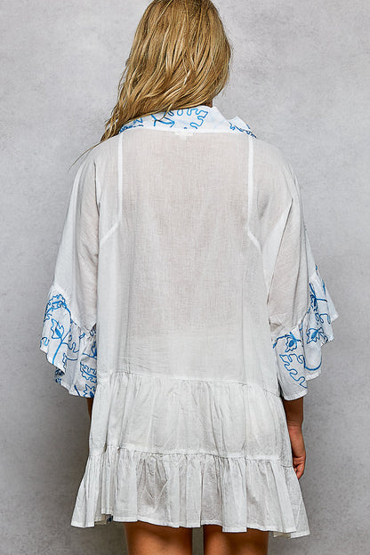 POL Gestufte Rüschendruck 3/4 Ärmel Damen Mini Kleid