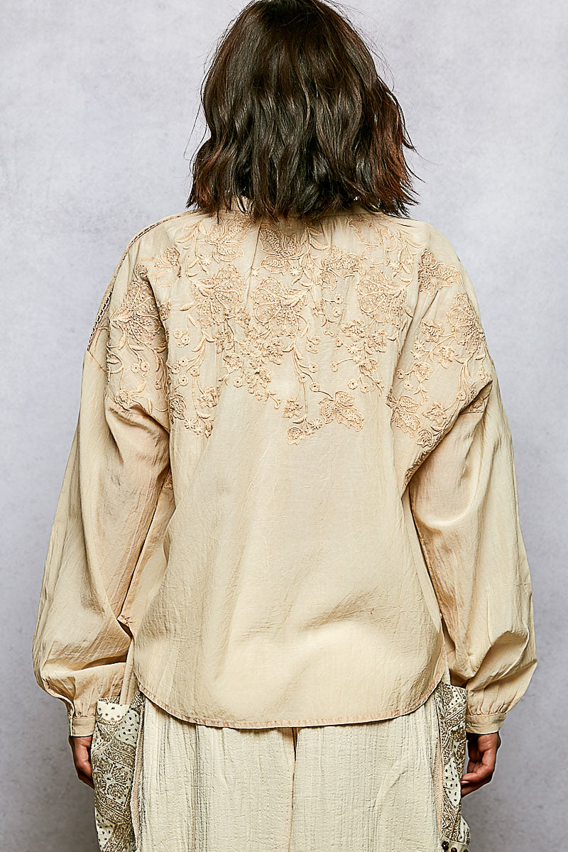 POL Stickerei Button Down Langarm Damenbluse