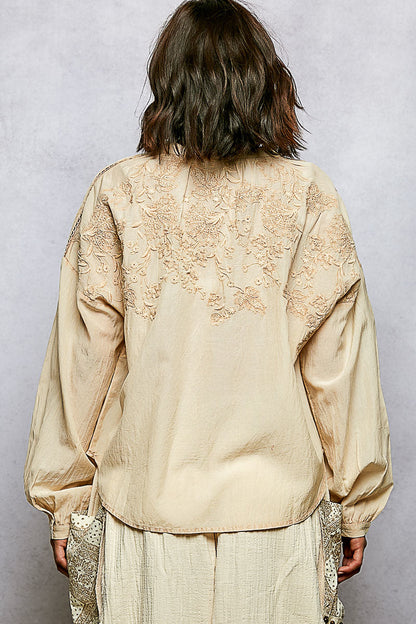 POL Stickerei Button Down Langarm Damenbluse
