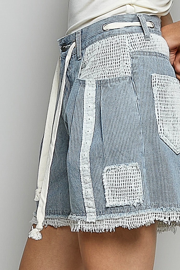 POL Rohsaum Kordelzug Gestreifte Denim Damen Shorts