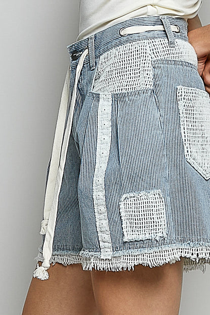 POL Rohsaum Kordelzug Gestreifte Denim Damen Shorts