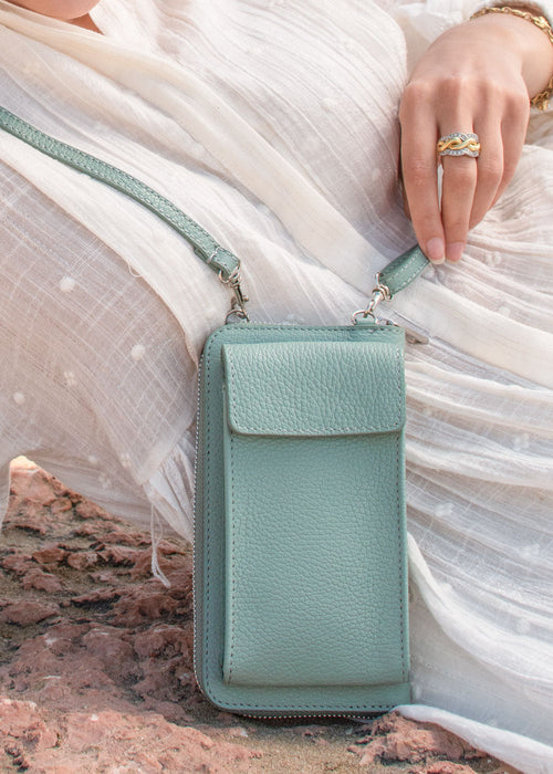 Seafoam Leather Crossbody Wallet