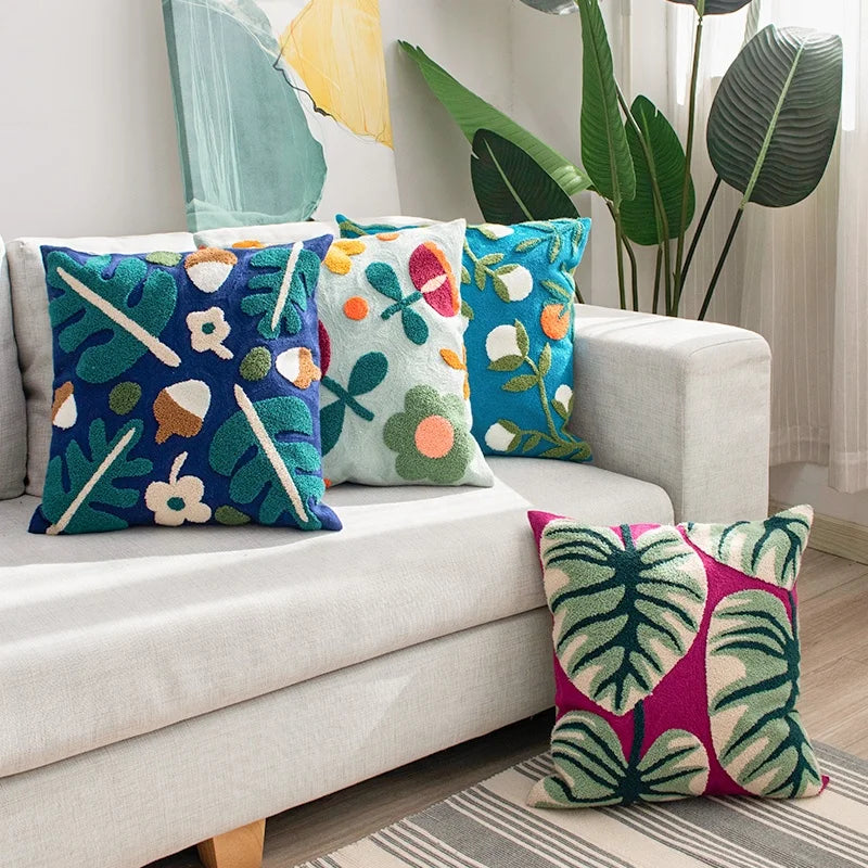Farbblock Floral Gestickter Kissenbezug – Boho Dekokissenbezug für Boho Wohnkultur