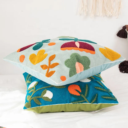 Farbblock Floral Gestickter Kissenbezug – Boho Dekokissenbezug für Boho Wohnkultur
