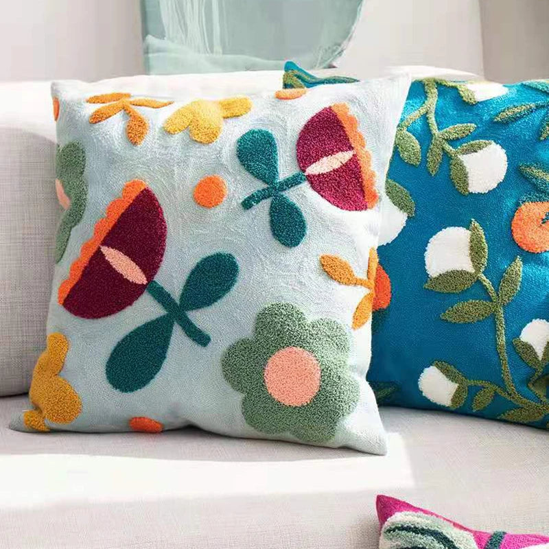 Farbblock Floral Gestickter Kissenbezug – Boho Dekokissenbezug für Boho Wohnkultur