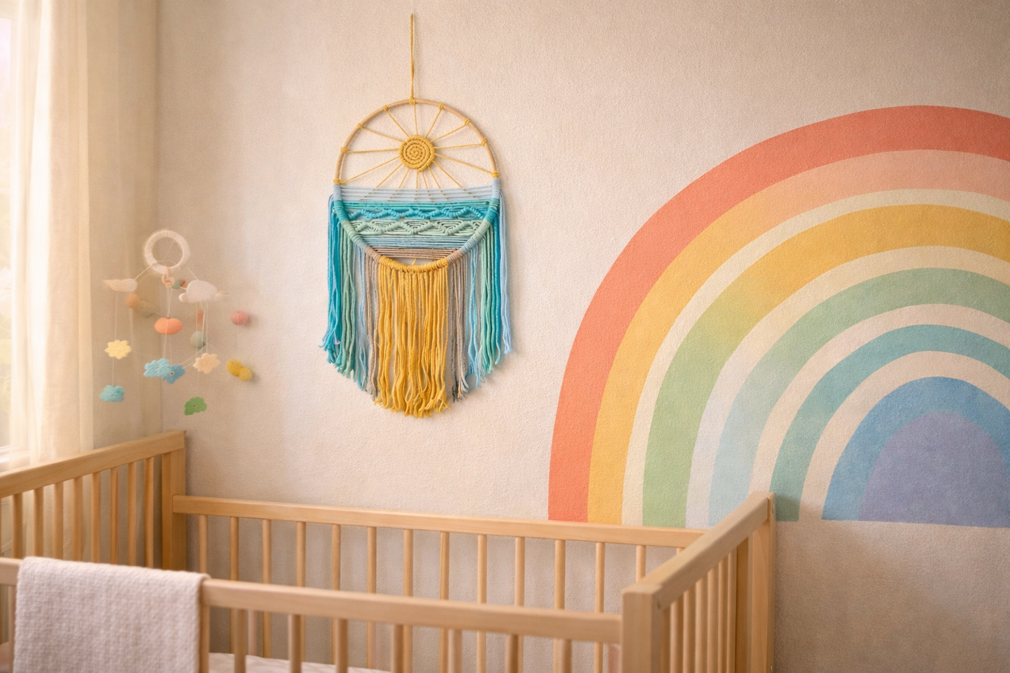 Sonnenaufgang & Sonnenuntergang Gewebter Boho Baumwoll Wandteppich