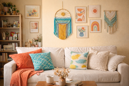 Sonnenaufgang & Sonnenuntergang Gewebter Boho Baumwoll Wandteppich