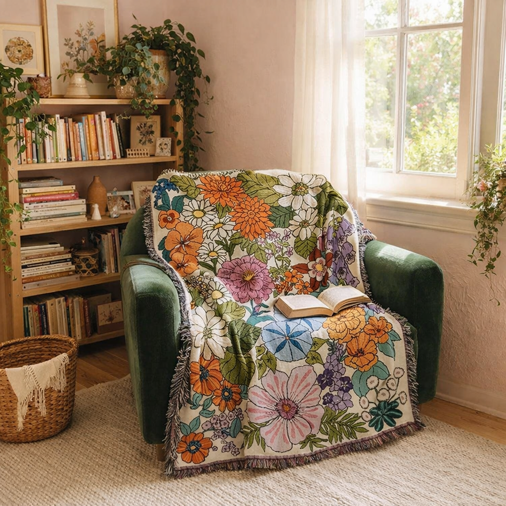 Gemütliche Boho Baumwoll-Leinen Decke