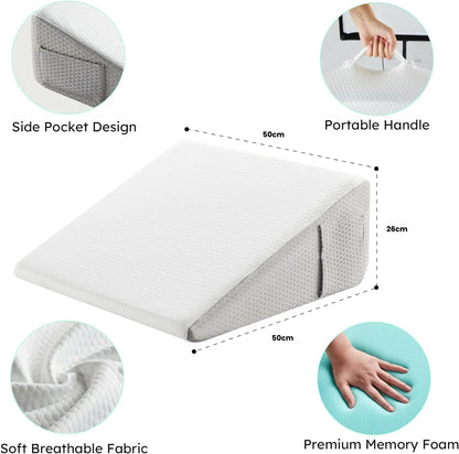 Oreiller de soutien incliné pour soulager les douleurs dorsales – Mousse à mémoire de forme infusée de gel rafraîchissant, housse amovible et poches de rangement intégrées | Premium Comfort Cushion UK