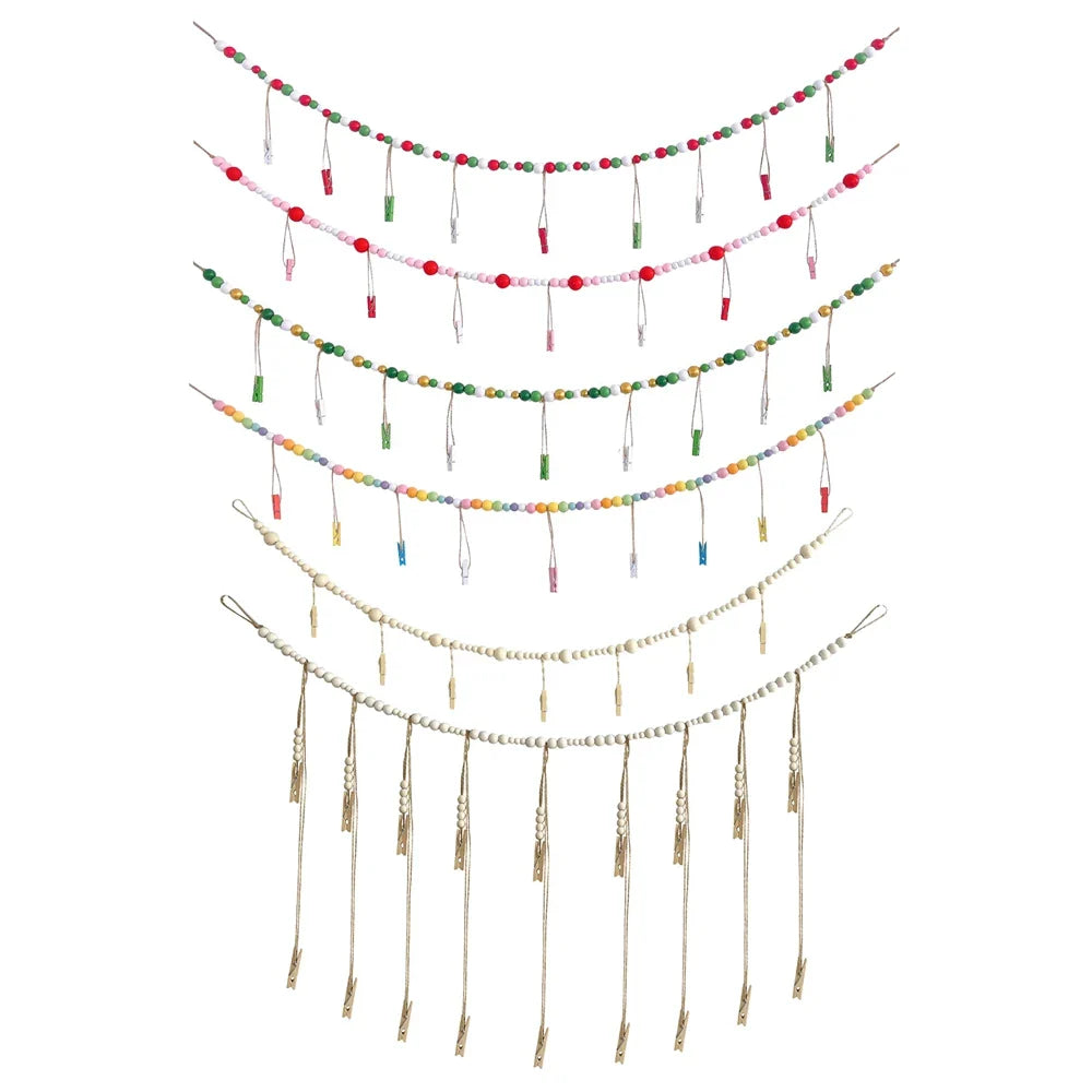 Boho Wandbehang Fotodisplay mit Holzperlen & Clips