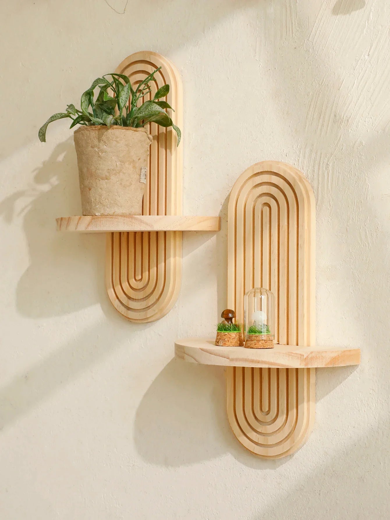 Boho Stil Holz Wandregal - Geometrische Wandmontierte Regale, Naturholz-Finish, Moderne Wohnkultur, Pflanzenhalter Kreis