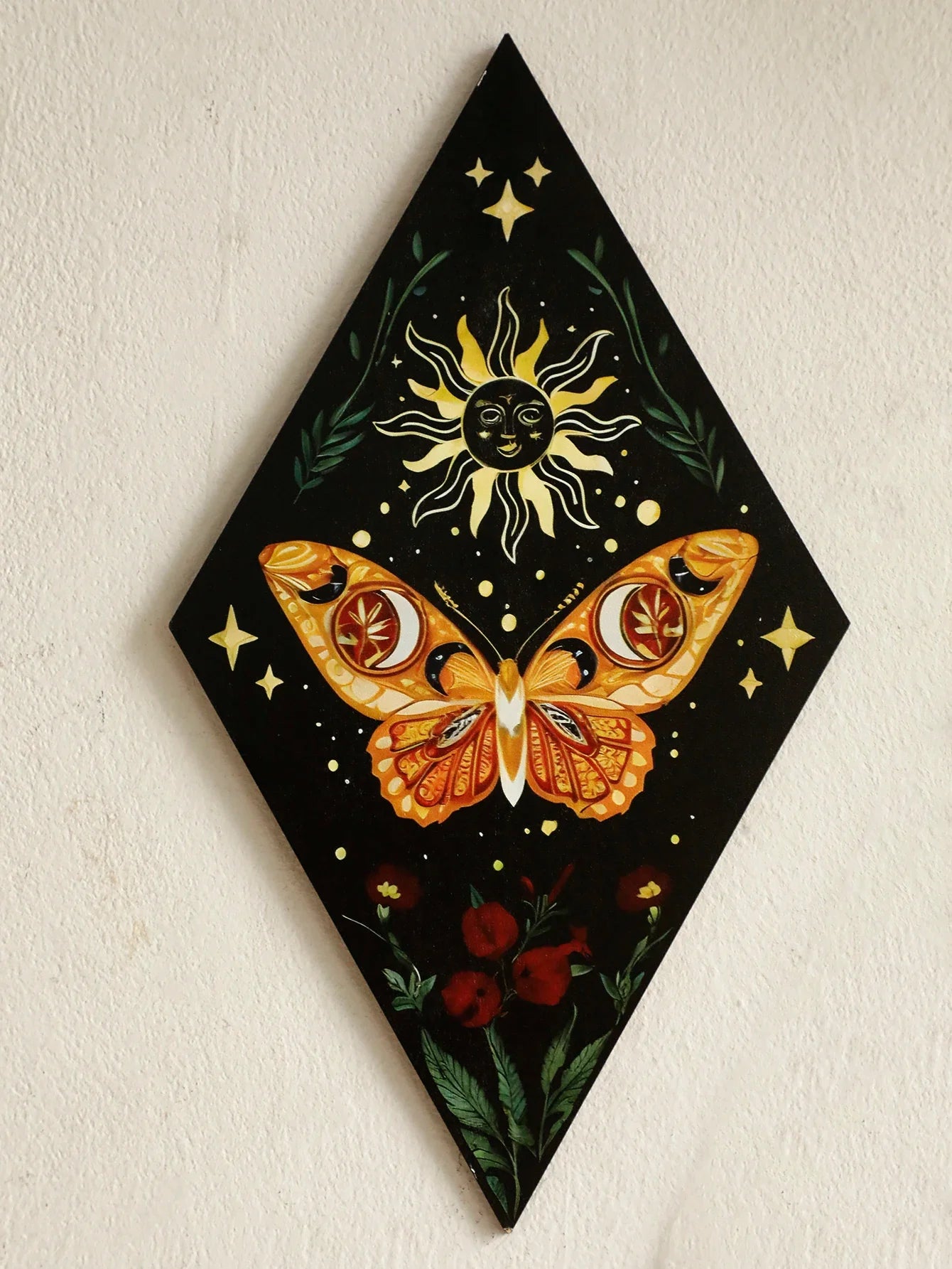 Schmetterling & Mond Holz Wandkunst – Handgemalte nordische Boho Wohnkultur Akzent