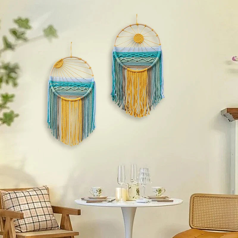 Sonnenaufgang & Sonnenuntergang Gewebter Boho Baumwoll Wandteppich