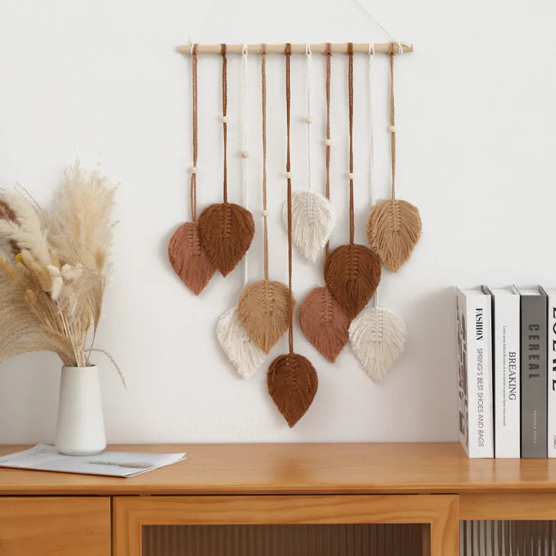 Boho Makramee Blatt Wandbehang – Handgewebter Wandteppich mit Perlen