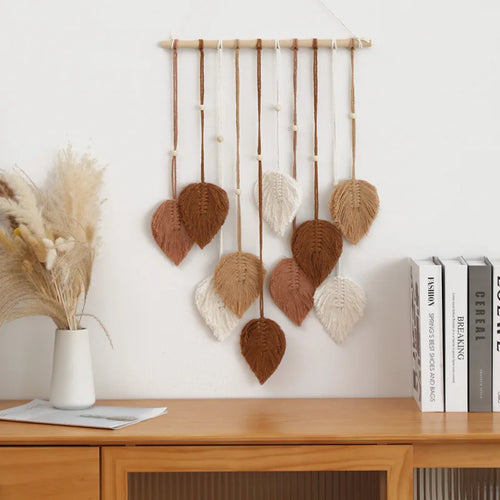 Boho Makramee Blatt Wandbehang – Handgewebter Wandteppich mit Perlen