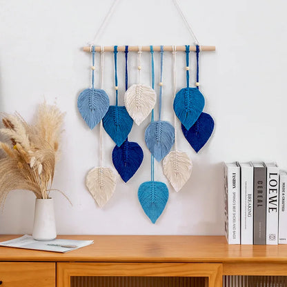 Boho Makramee Blatt Wandbehang – Handgewebter Wandteppich mit Perlen