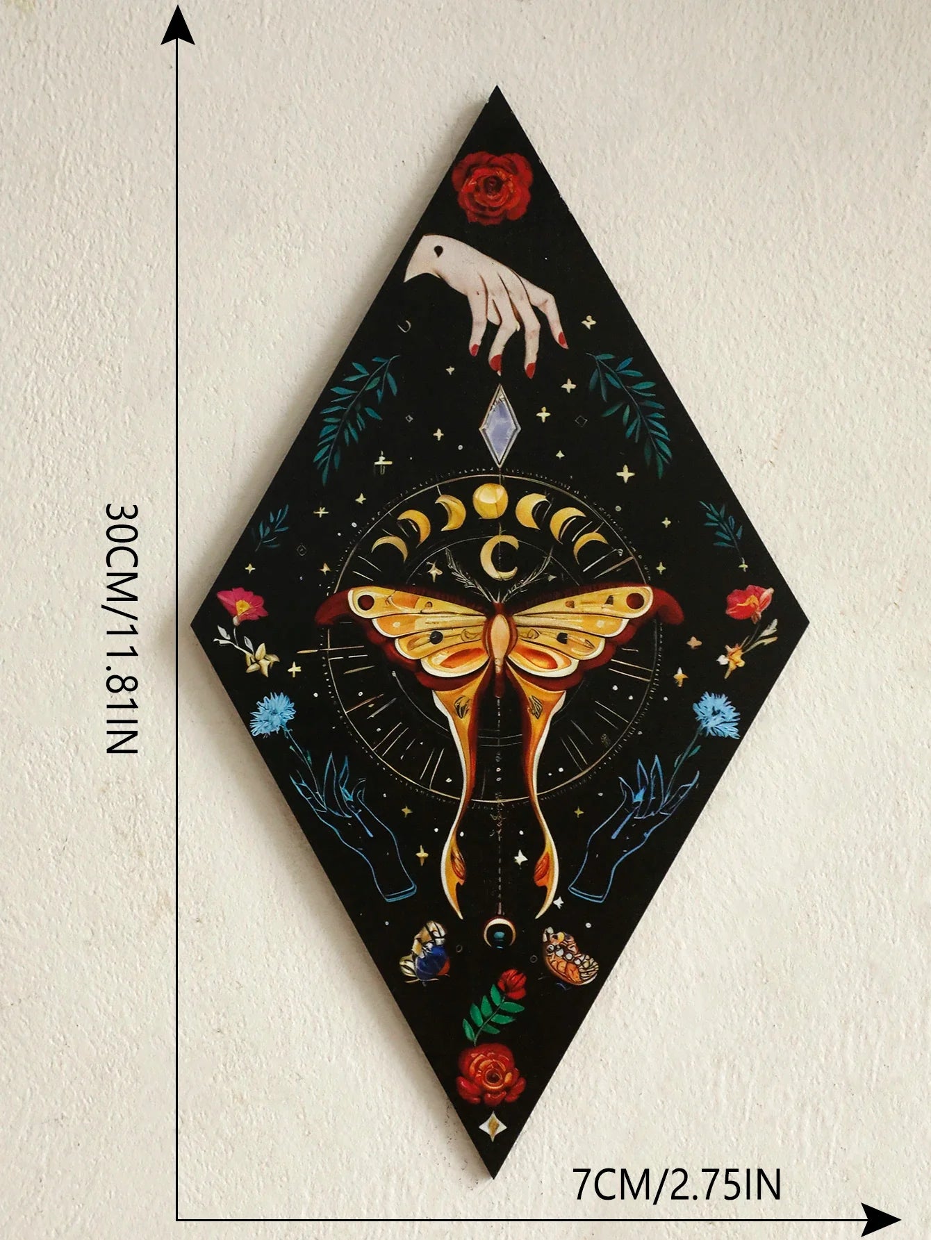 Schmetterling & Mond Holz Wandkunst – Handgemalte nordische Boho Wohnkultur Akzent