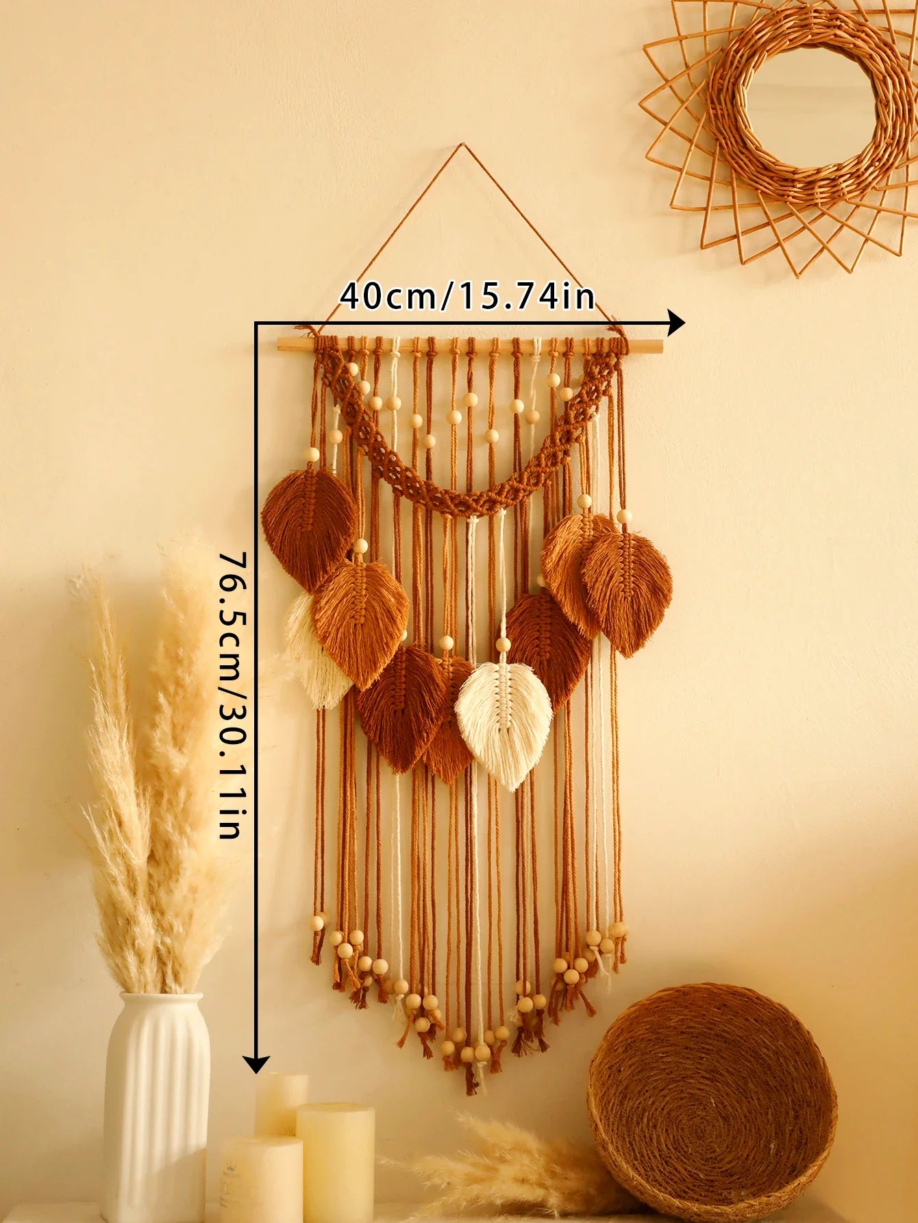 Blatt Makramee Wandteppich – Boho Baumwoll Wandbehang in Grün oder Braun