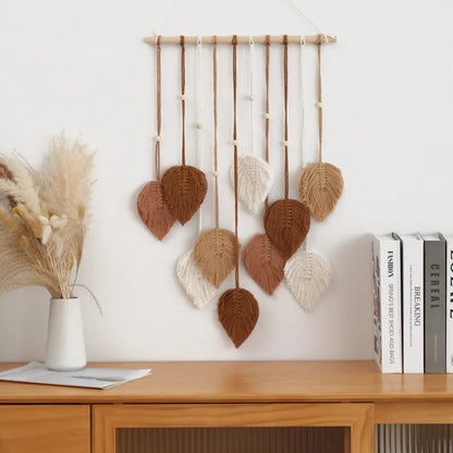 Boho Makramee Blatt Wandbehang – Handgewebter Wandteppich mit Perlen