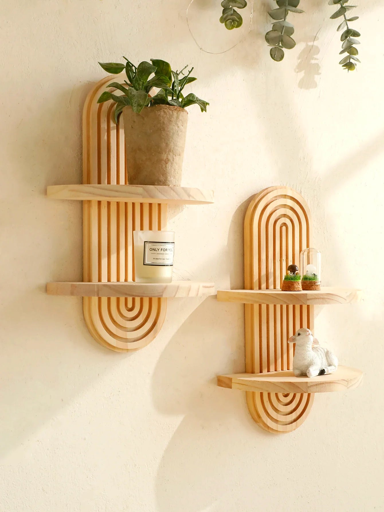Boho Stil Holz Wandregal - Geometrische Wandmontierte Regale, Naturholz-Finish, Moderne Wohnkultur, Pflanzenhalter Kreis