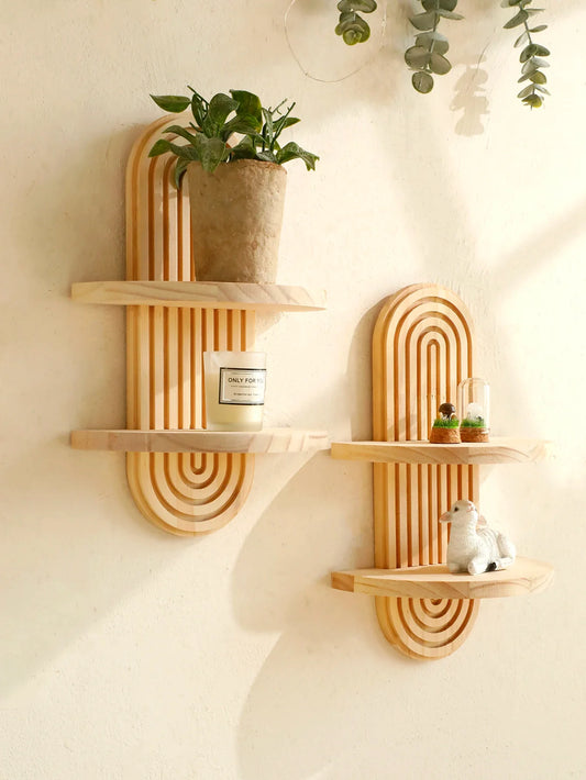 Boho Stil Holz Wandregal - Geometrische Wandmontierte Regale, Naturholz-Finish, Moderne Wohnkultur, Pflanzenhalter Kreis