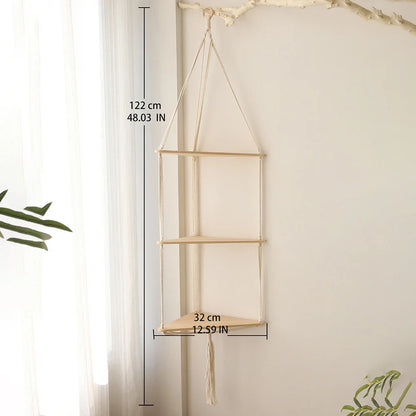 Boho Makramee Hängendes Holzregal – Handgefertigtes Schwimmendes Wandregal für die Wohnkultur