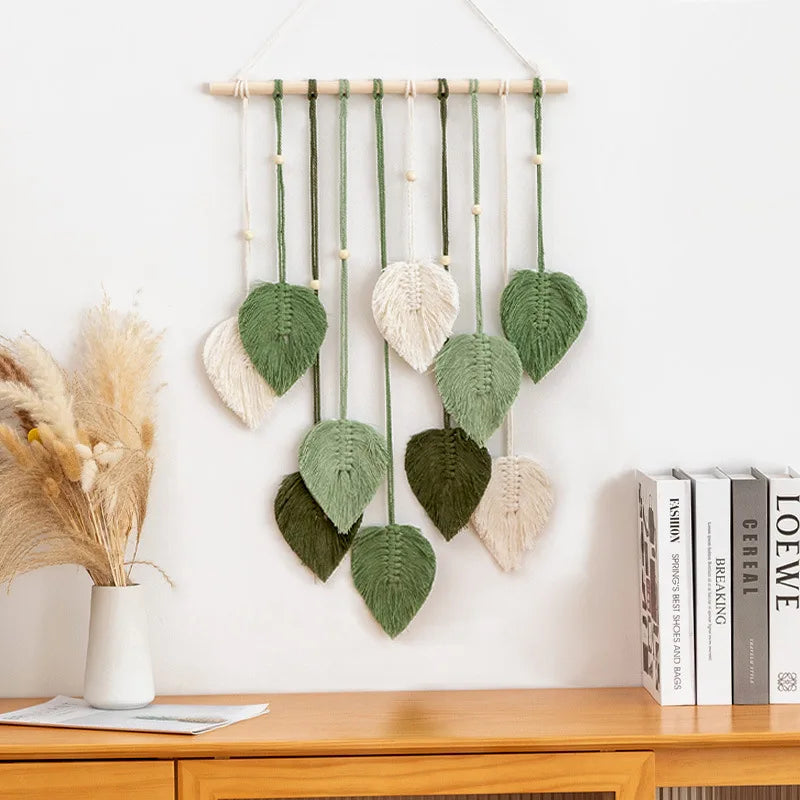 Boho Makramee Blatt Wandbehang – Handgewebter Wandteppich mit Perlen