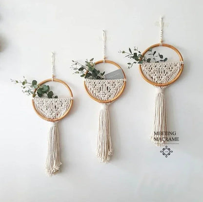 Boho Makramee Wandbehang mit Blumentopf-Tasche – Handgefertigter nordischer runder Wandteppich | Wohnheimzimmer & Wohnkultur