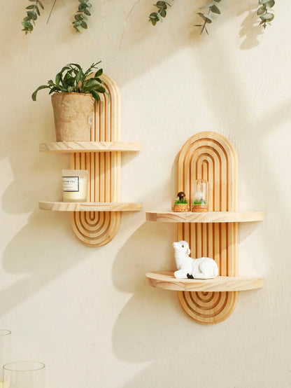 Boho Stil Holz Wandregal - Geometrische Wandmontierte Regale, Naturholz-Finish, Moderne Wohnkultur, Pflanzenhalter Kreis