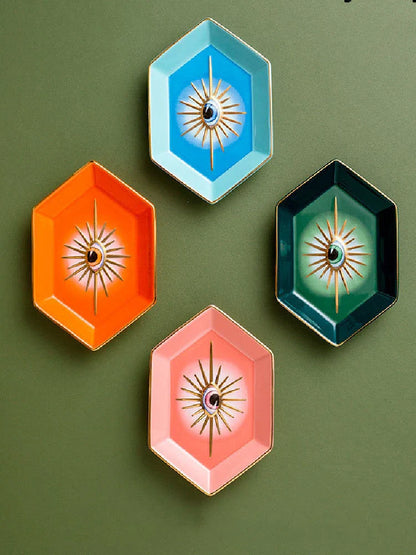 Farbenfrohes Hexagonales Keramik-Augen-Tablett – Modernes Dekoratives Schmuck- & Aufbewahrungsgeschirr