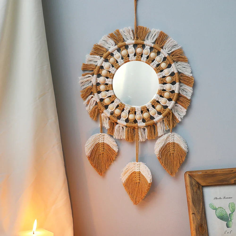 Boho Rundes Dekoratives Blatt Makramee Wandspiegel