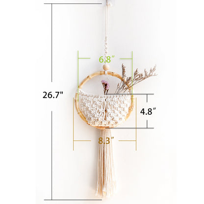 Boho Makramee Wandbehang mit Blumentopf-Tasche – Handgefertigter nordischer runder Wandteppich | Wohnheimzimmer & Wohnkultur