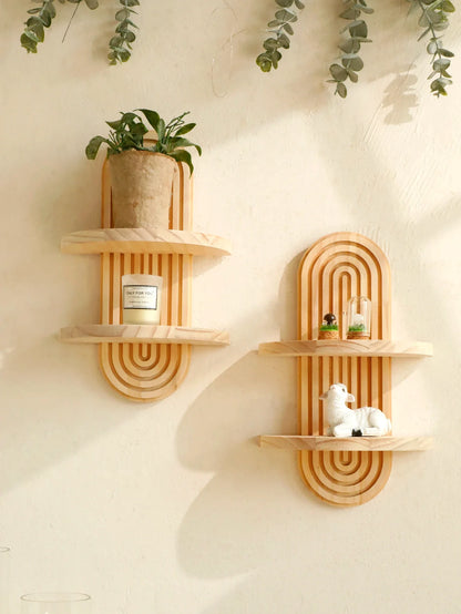Boho Stil Holz Wandregal - Geometrische Wandmontierte Regale, Naturholz-Finish, Moderne Wohnkultur, Pflanzenhalter Kreis