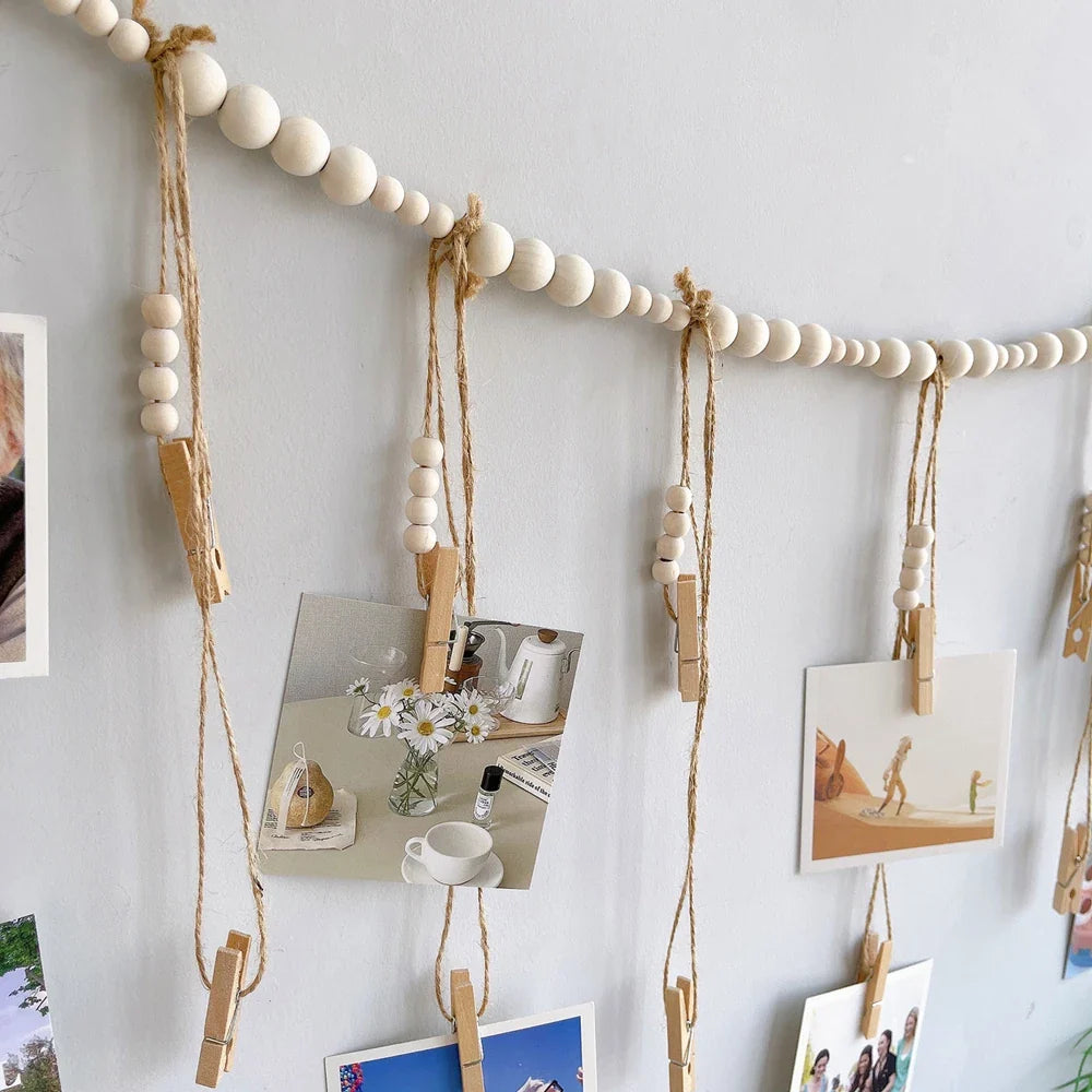 Boho Wandbehang Fotodisplay mit Holzperlen & Clips