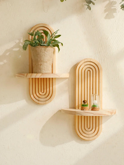 Boho Stil Holz Wandregal - Geometrische Wandmontierte Regale, Naturholz-Finish, Moderne Wohnkultur, Pflanzenhalter Kreis