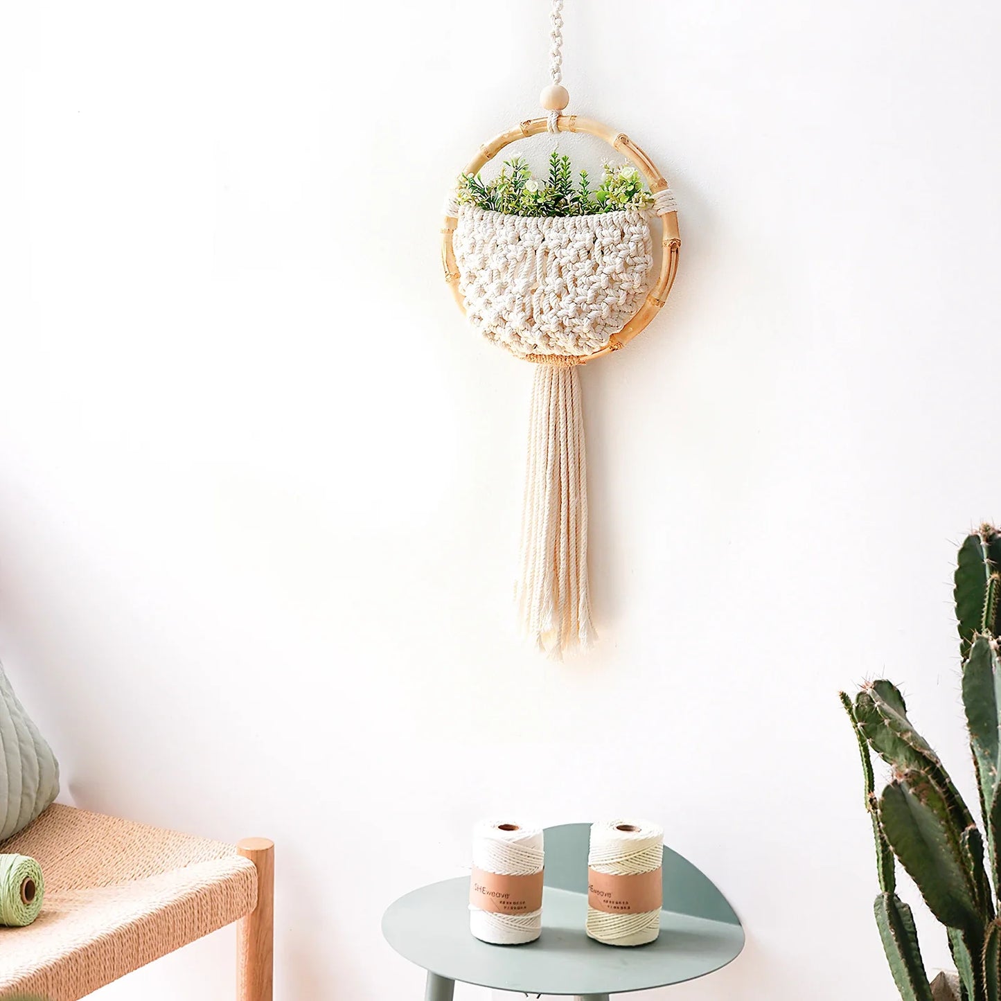 Boho Makramee Wandbehang mit Blumentopf-Tasche – Handgefertigter nordischer runder Wandteppich | Wohnheimzimmer & Wohnkultur