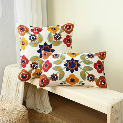 Boho Floral Gestickter Leinensofakissenbezug