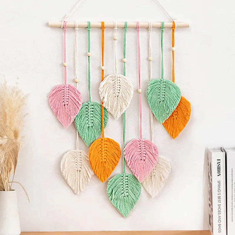 Boho Makramee Blatt Wandbehang – Handgewebter Wandteppich mit Perlen