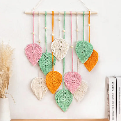 Boho Makramee Blatt Wandbehang – Handgewebter Wandteppich mit Perlen