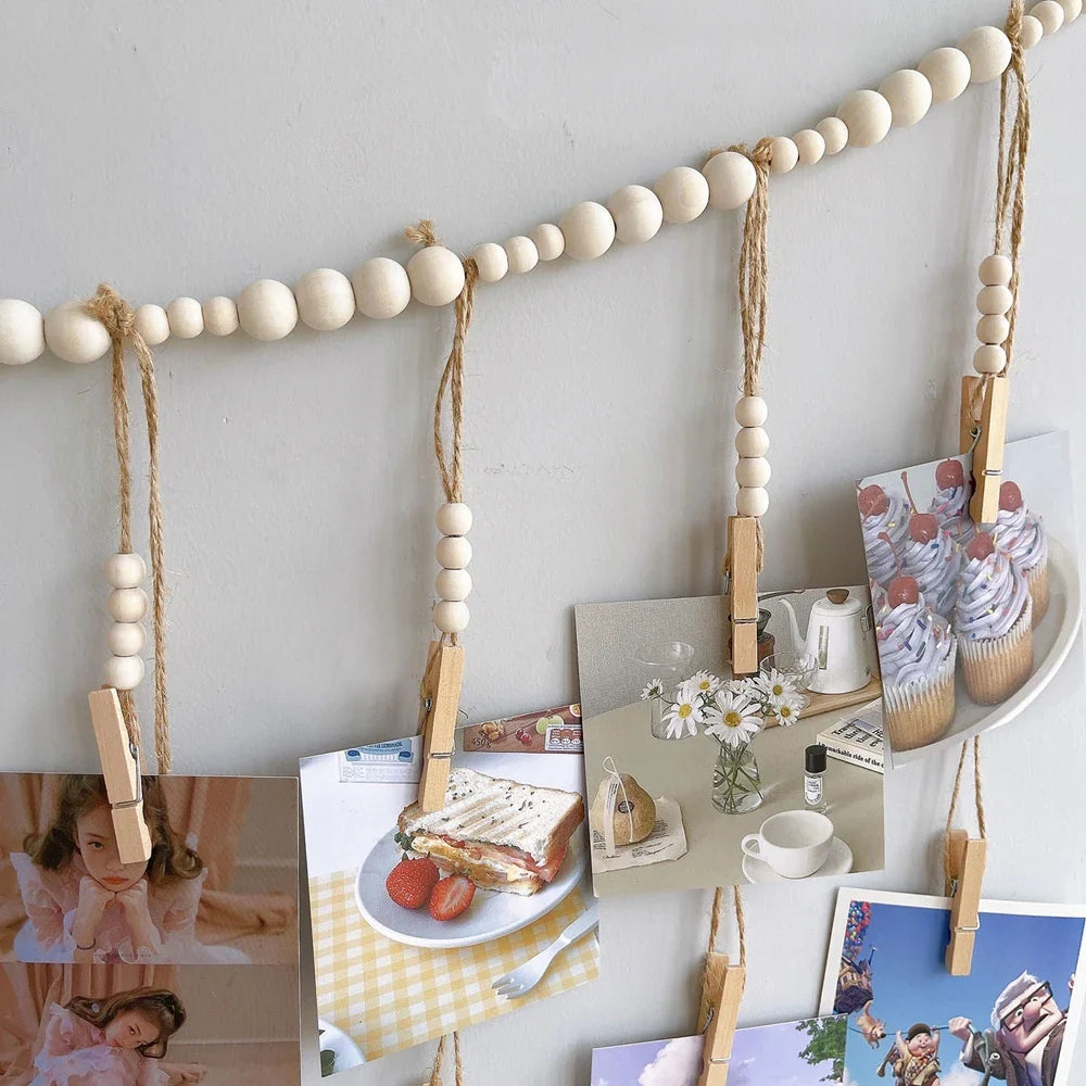 Boho Wandbehang Fotodisplay mit Holzperlen & Clips
