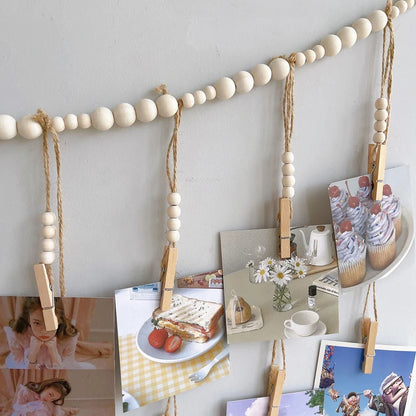 Boho Wandbehang Fotodisplay mit Holzperlen & Clips