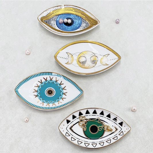 Keramischer Schmuckteller Schmuckschale Ringe Ohrringe Halsketten Schale Böse Augen Mondphasen Dekorative Platte Schüssel Wohnkultur Boho 1Stk