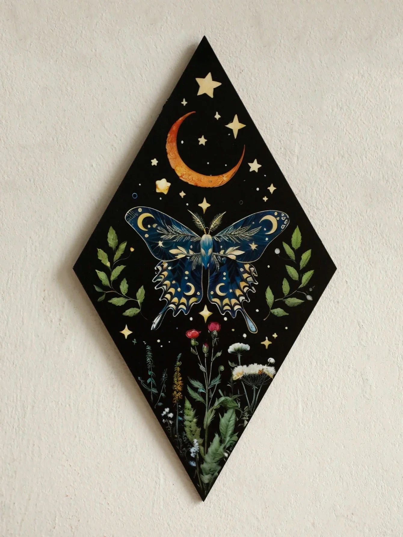Schmetterling & Mond Holz Wandkunst – Handgemalte nordische Boho Wohnkultur Akzent