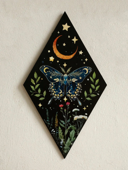 Schmetterling & Mond Holz Wandkunst – Handgemalte nordische Boho Wohnkultur Akzent